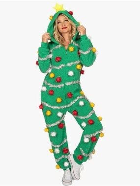 Christmas Tree Onesie Hoodie Jumpsuit - Green with Red, Yellow & White Ornaments